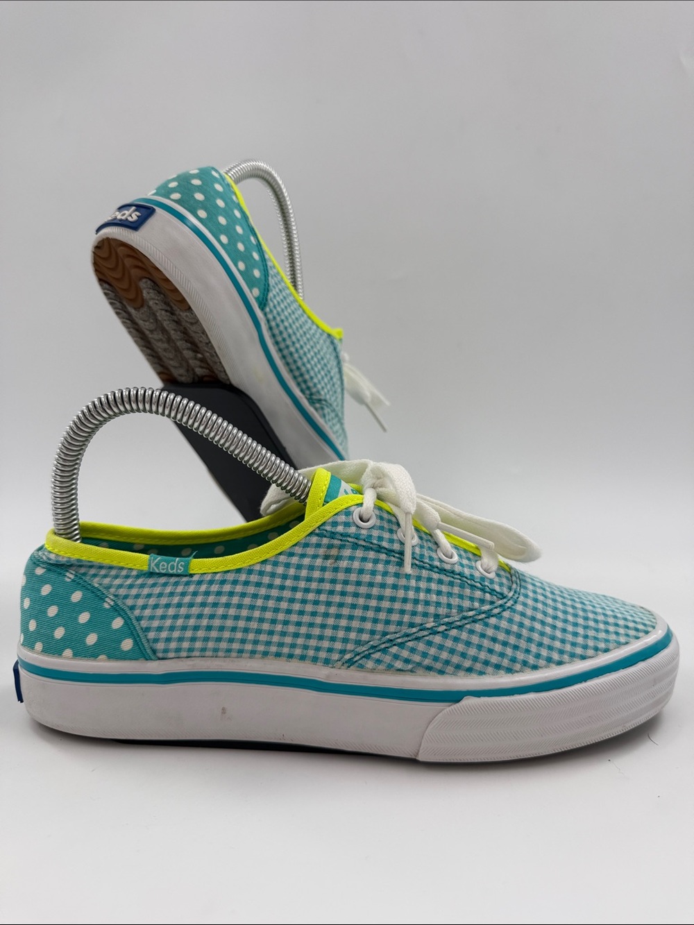 Keds Double Dutch Teal Polka Dot & Gingham Sneakers Neon Lime Trim Women's 6.5 - Picture 5 of 16